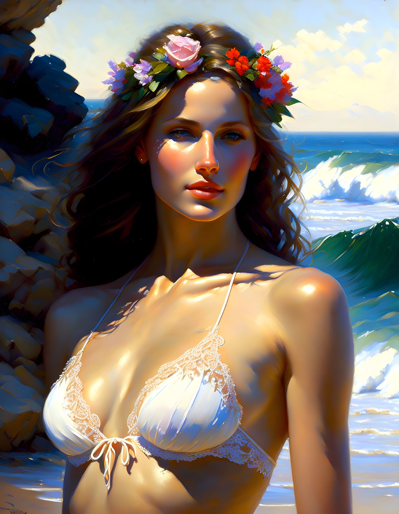 Woman in floral crown and white bikini at ocean with sunlit hair.