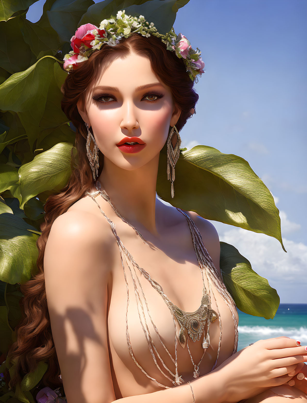 Digital Artwork: Woman with Floral Headpiece and Jewelry by Seaside