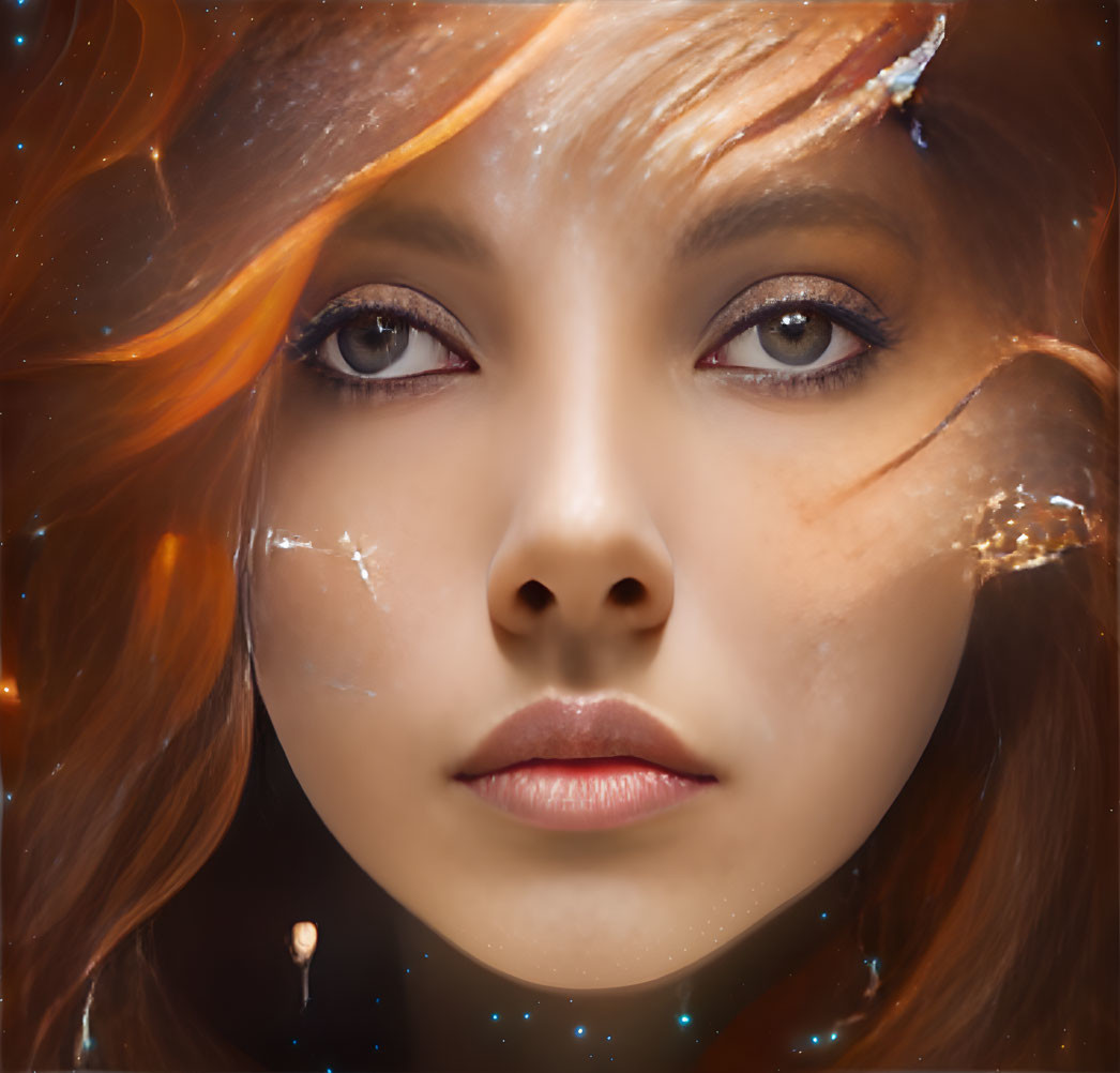 Close-Up Woman's Face with Swirling Orange Elements and Sparkling Lights