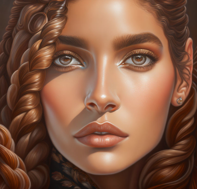 Detailed Digital Portrait of Woman with Braided Hair and Piercing Brown Eyes