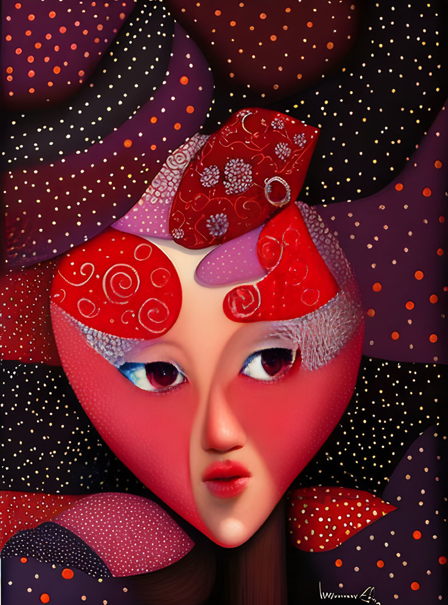 Vibrant face artwork with red hues, stylized lips, and intense eyes