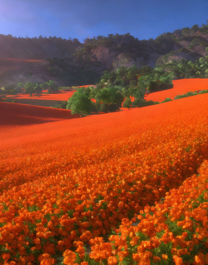 Lush Orange Flower Field with Rolling Hills and Trees