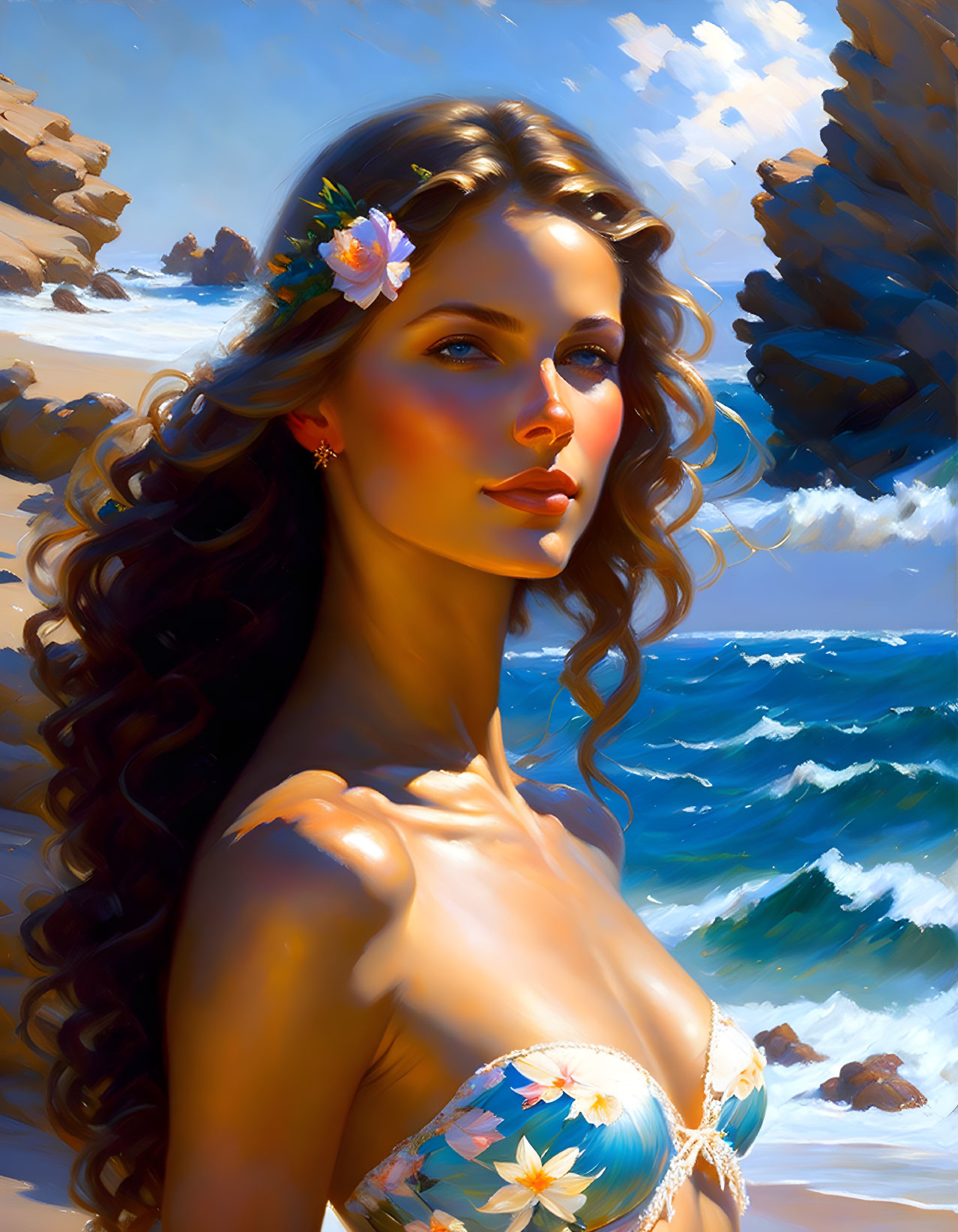 Woman with wavy hair and floral accessory by beach rocks and waves