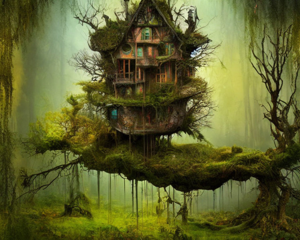 Enchanting multi-story treehouse on mystical floating island