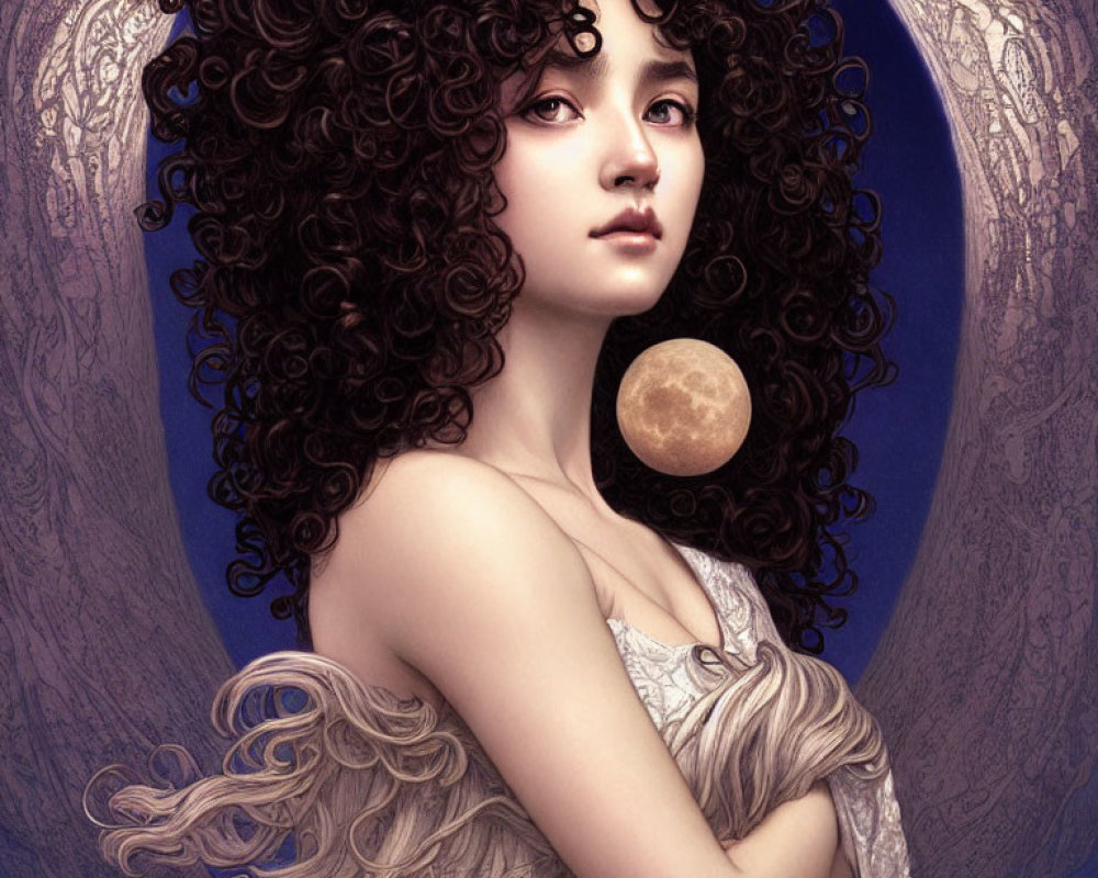 Illustrated portrait of woman with voluminous curly hair against stylized moon