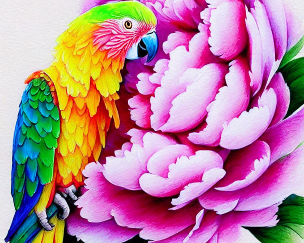 Colorful Parrot with Peony Blossoms on White Background