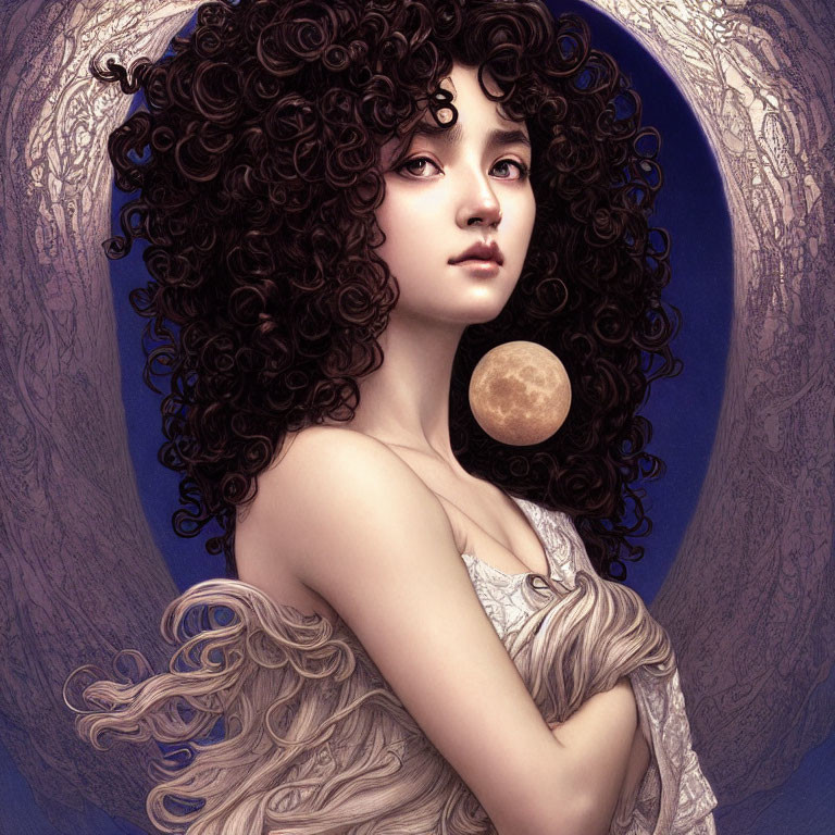 Illustrated portrait of woman with voluminous curly hair against stylized moon