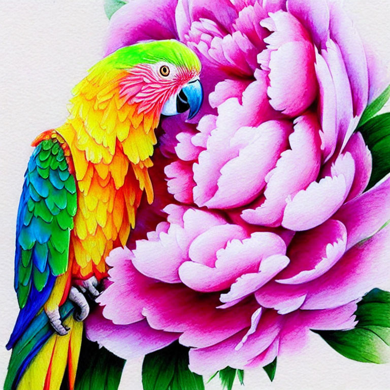 Colorful Parrot with Peony Blossoms on White Background