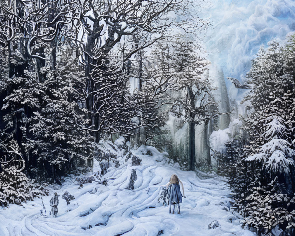 Snowy forest scene with person in cloak, wolves, and large bird in icy terrain