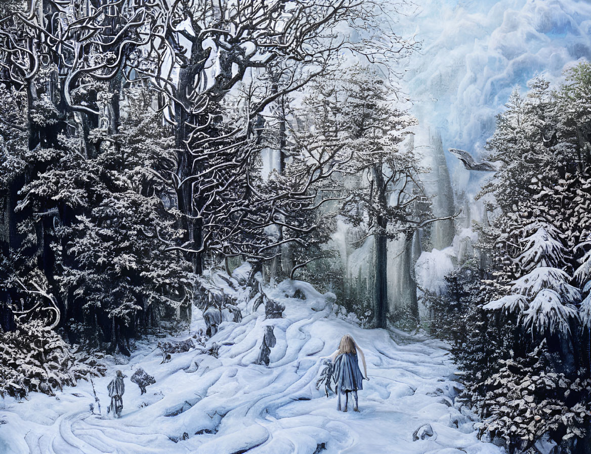 Snowy forest scene with person in cloak, wolves, and large bird in icy terrain