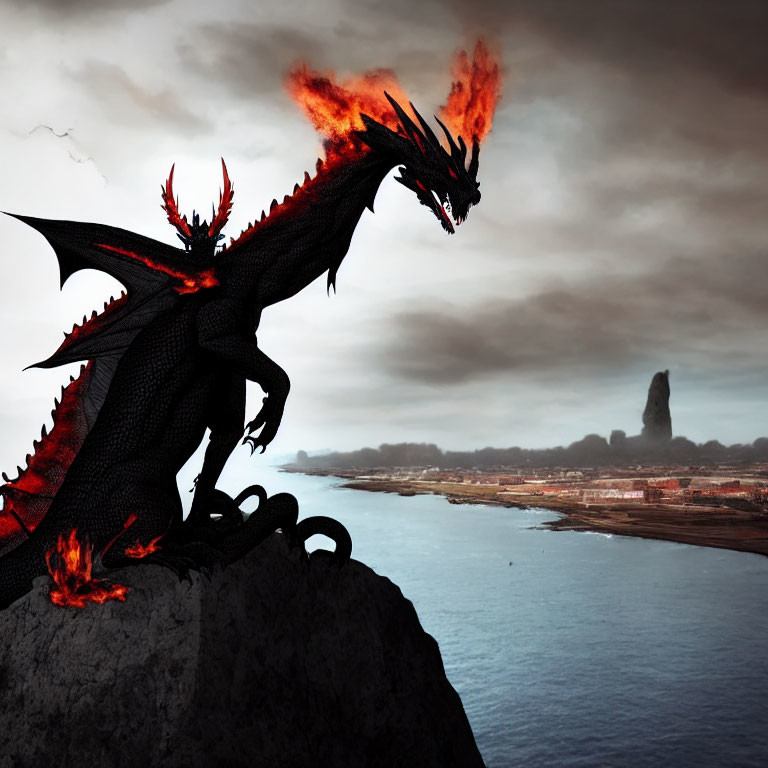 Black Dragon with Fiery Wings Perched on Cliff Overlooking Coastal Landscape