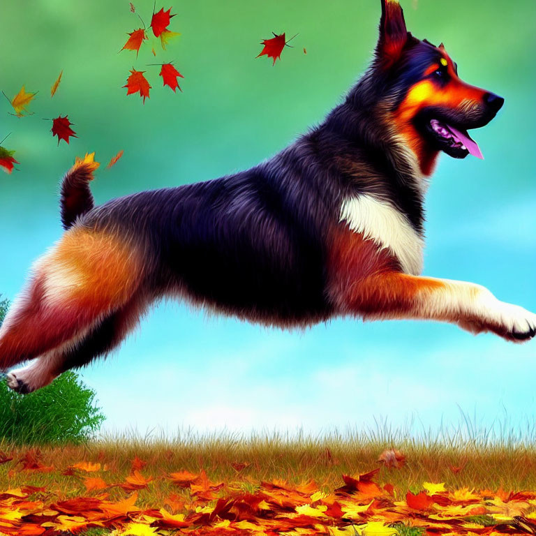 Colorful Illustration: Joyful Dog Leaping Amid Autumn Leaves