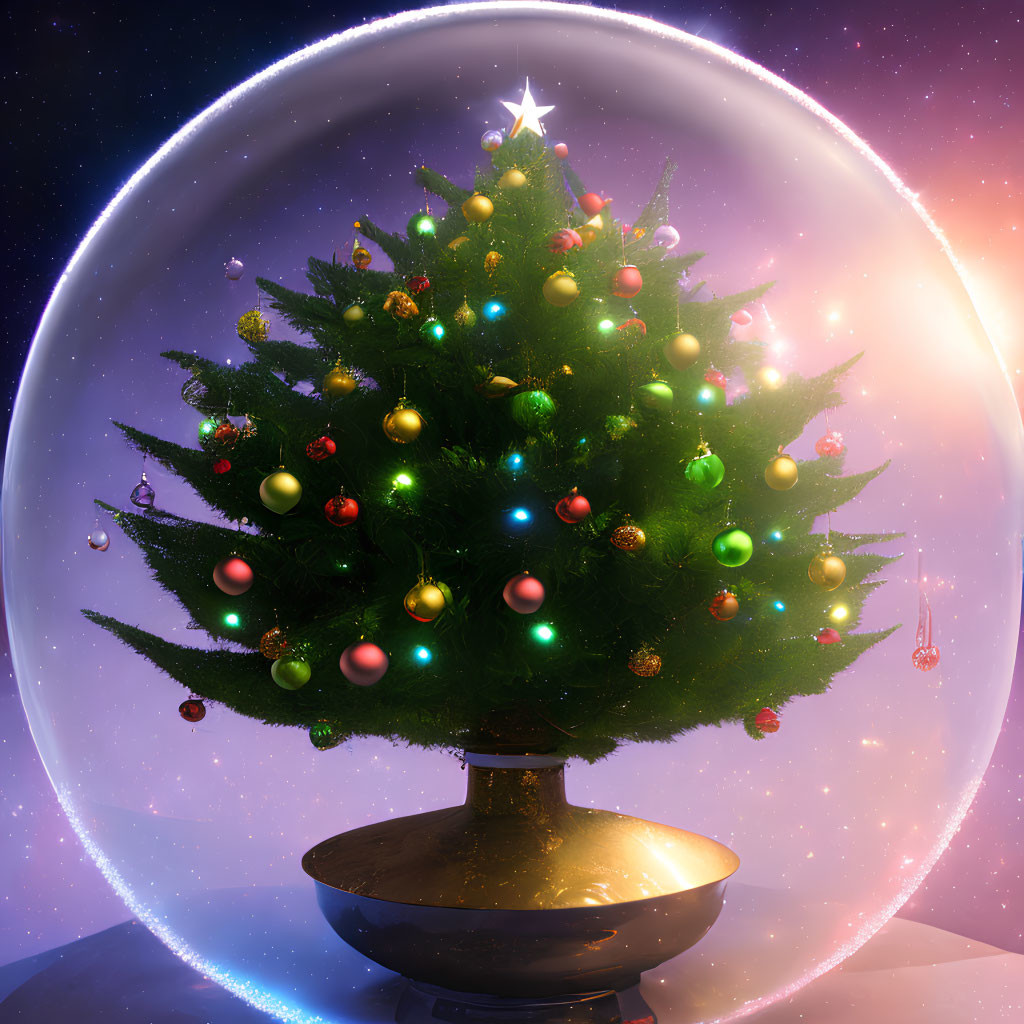 Colorful Christmas tree in translucent sphere with cosmic backdrop