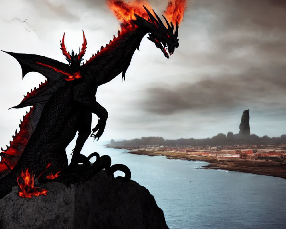 Black Dragon with Fiery Wings Perched on Cliff Overlooking Coastal Landscape