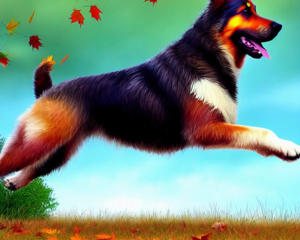 Colorful Illustration: Joyful Dog Leaping Amid Autumn Leaves