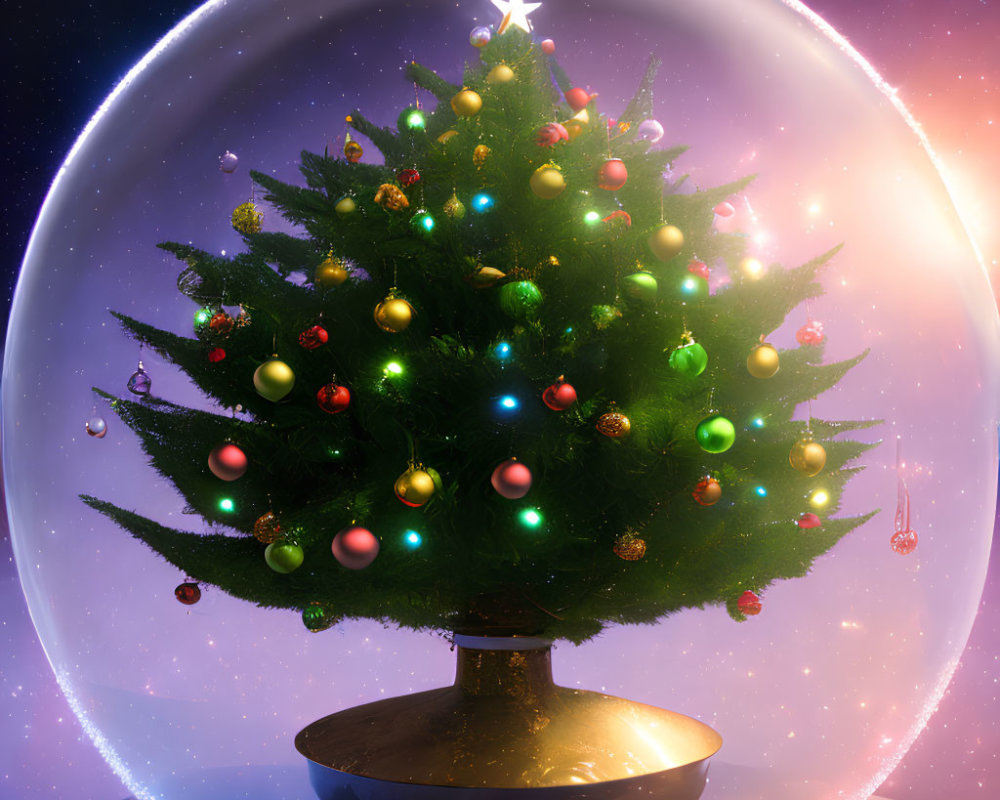 Colorful Christmas tree in translucent sphere with cosmic backdrop