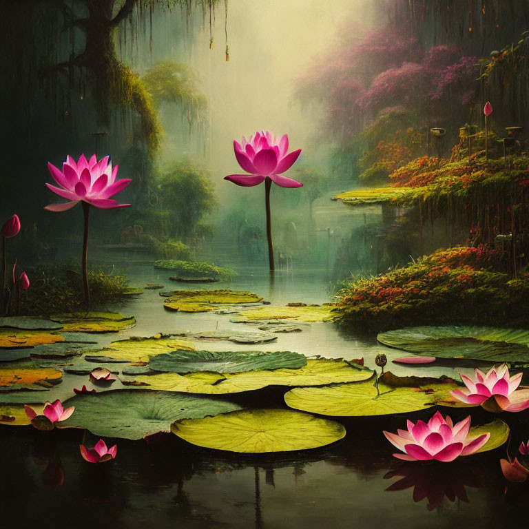 Tranquil pond with lotus flowers, greenery, and mist