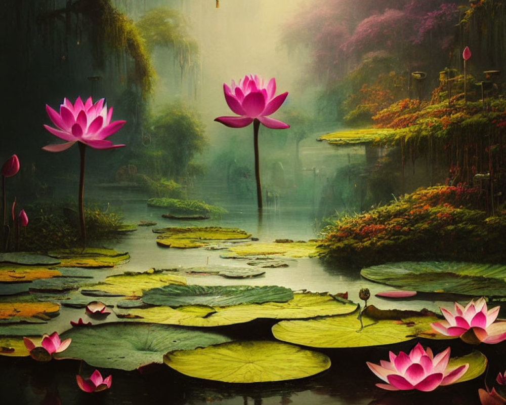 Tranquil pond with lotus flowers, greenery, and mist