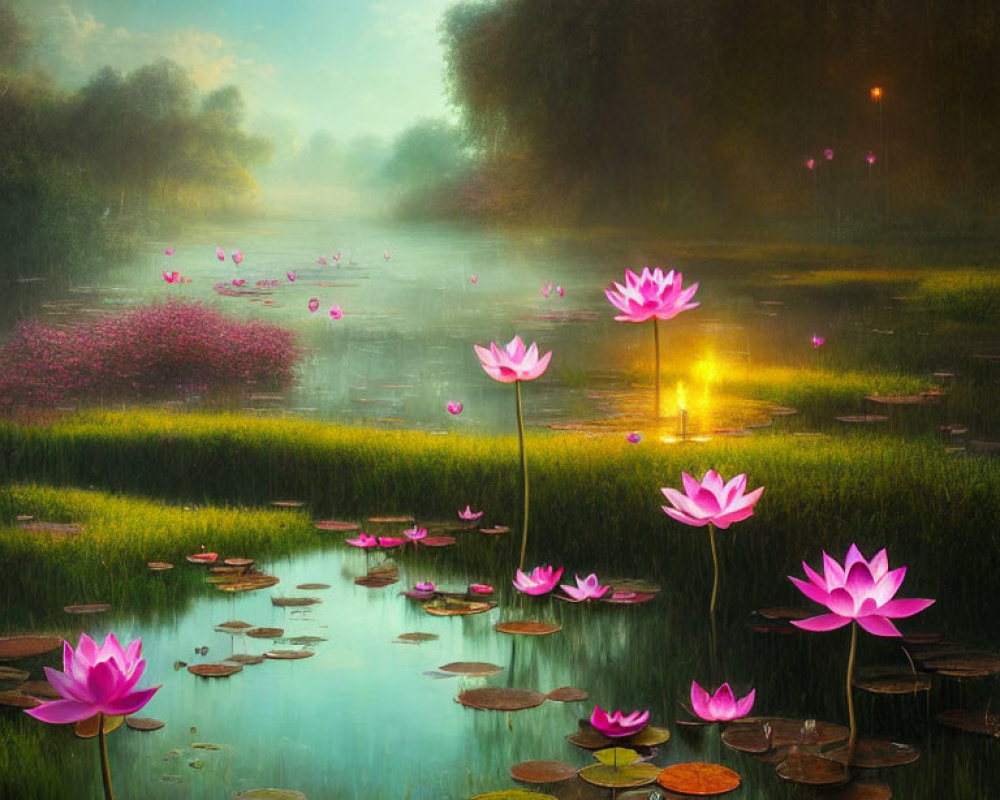 Tranquil pond with pink lotus flowers and lily pads in warm glowing light