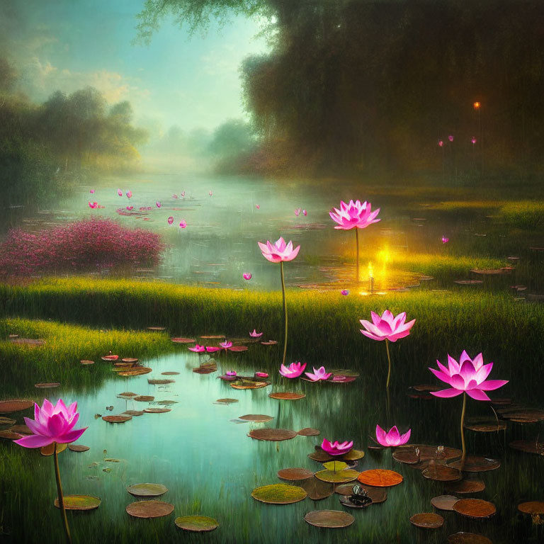 Tranquil pond with pink lotus flowers and lily pads in warm glowing light