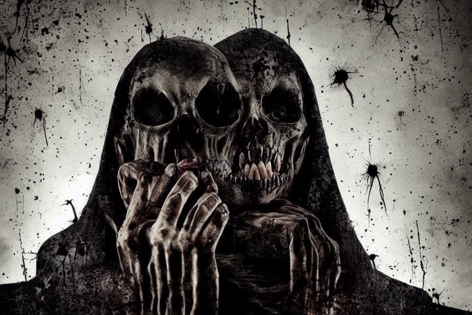 Dark, eerie image of cloaked figure with skull face holding another skull