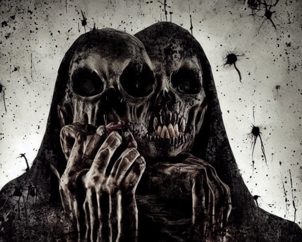 Dark, eerie image of cloaked figure with skull face holding another skull