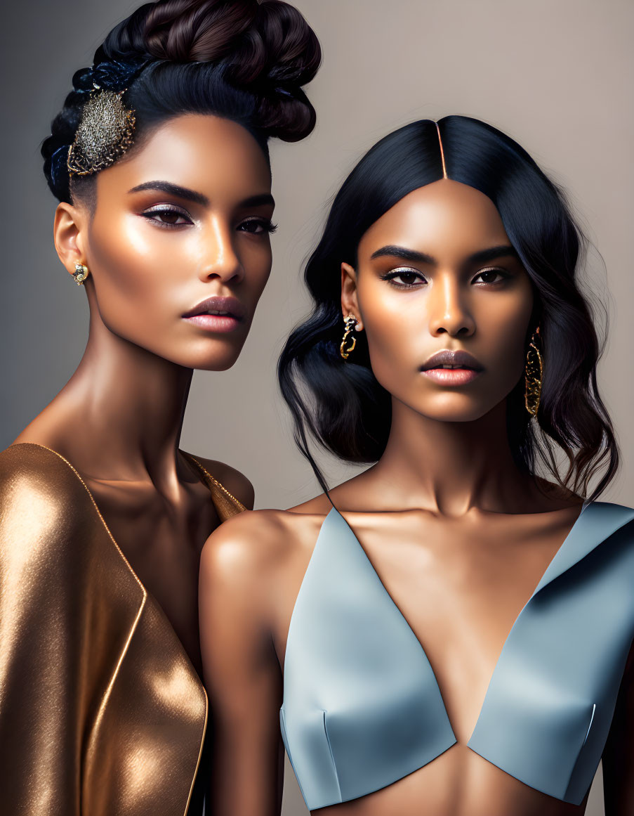 Two women with elegant makeup and hairstyles in gold and blue tops posing gracefully