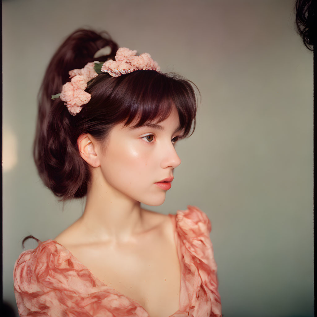 Woman with flowers in hair in peach ruffled blouse gazes sideways