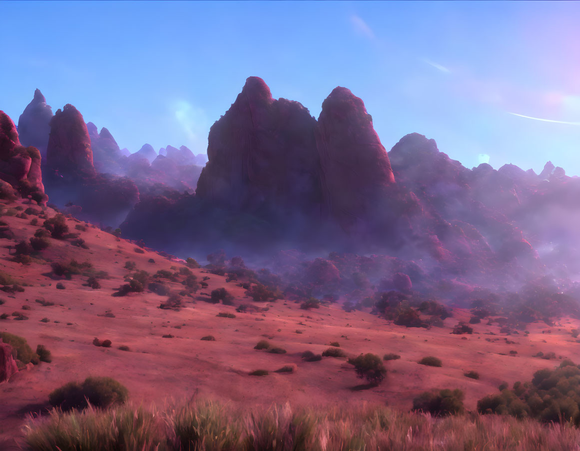 Alien landscape: Red mountains, purple sky, sparse vegetation