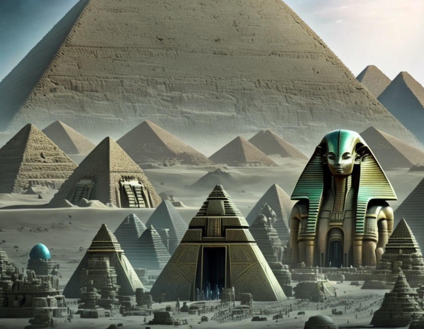 Fantasy artwork of Giza pyramids, sphinx statue, and futuristic orb