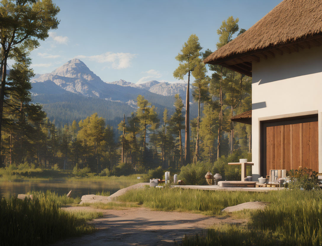 Thatched-Roof Cottage by Pond Surrounded by Pine Trees