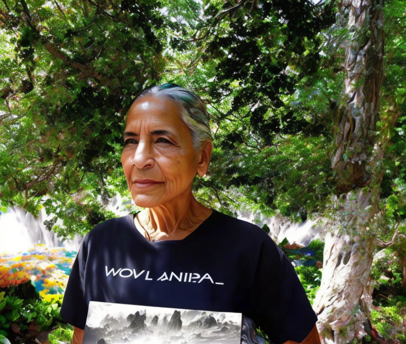 Elderly Woman Outdoors Surrounded by Greenery and Flowers