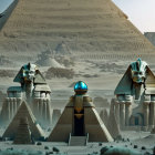 Fantasy artwork of Giza pyramids, sphinx statue, and futuristic orb