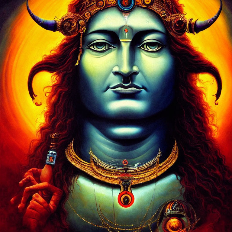 Blue-skinned figure with third eye and jewelry in fiery backdrop