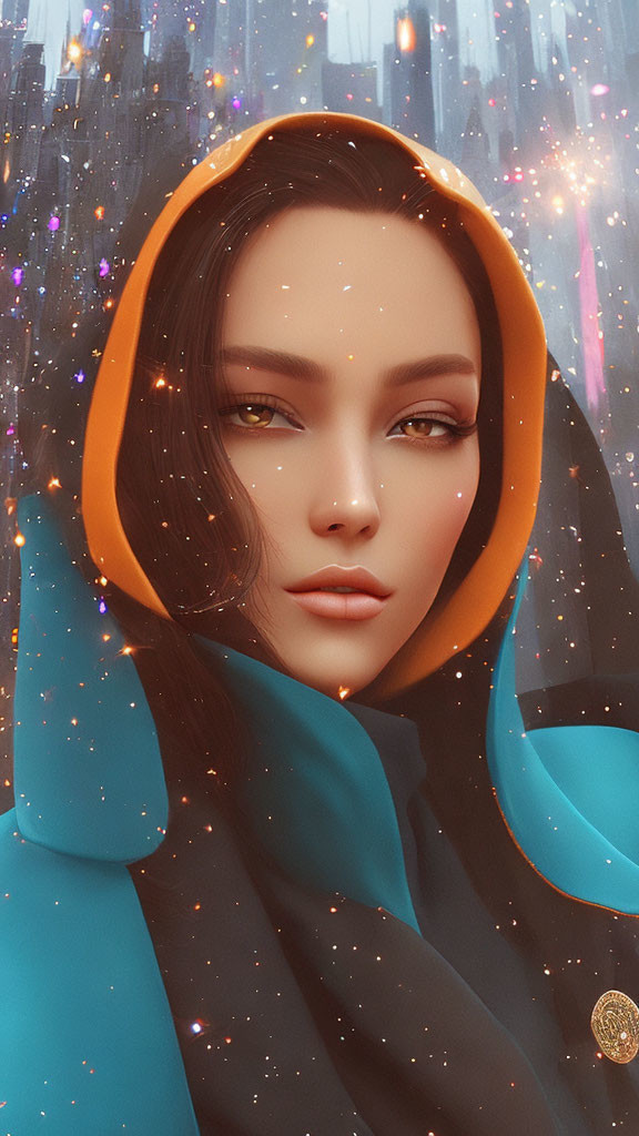 Digital art portrait of woman in blue cloak against cityscape