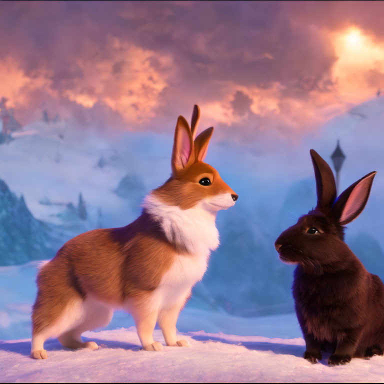 Animated corgi and rabbit in snowy landscape with purple and pink sky