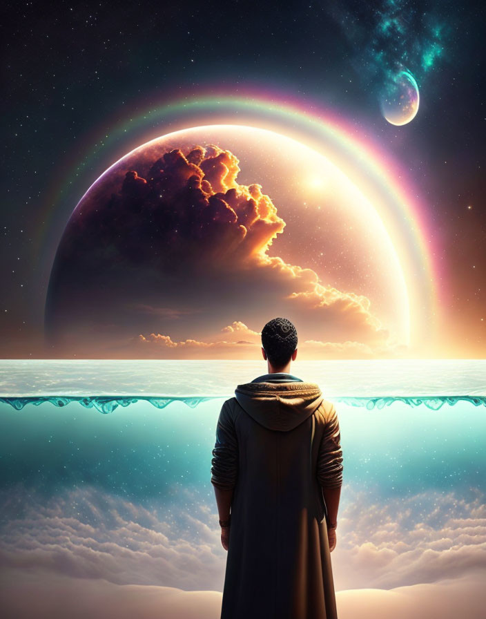 Person admires surreal seascape with massive rainbow, cloud, and celestial body in starlit sky