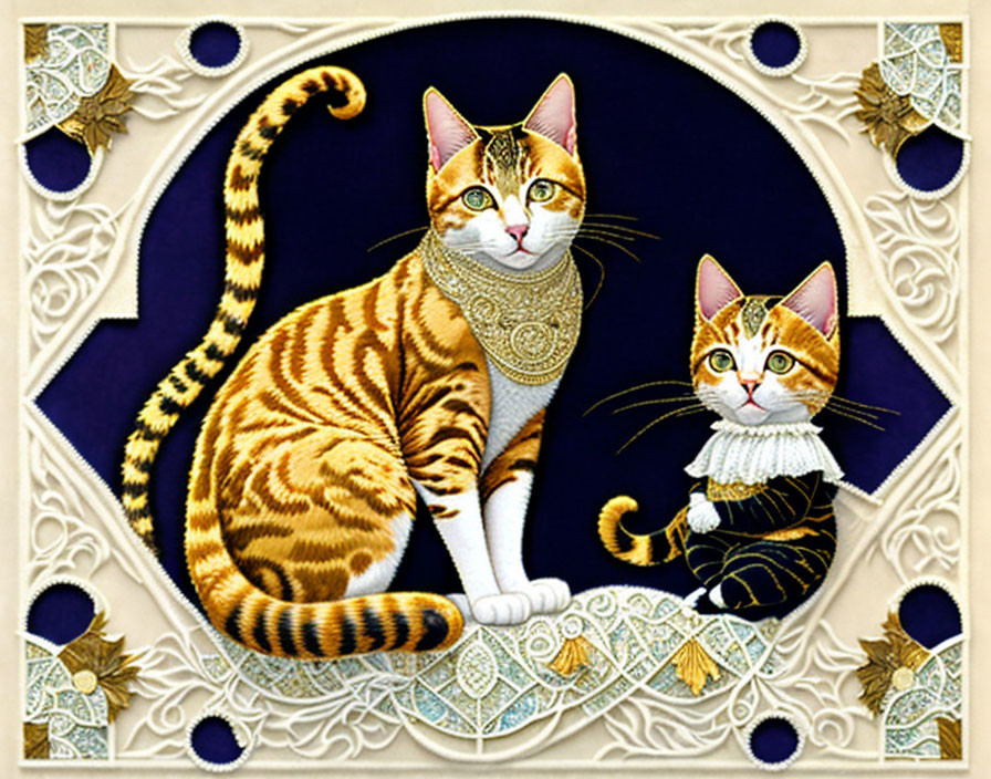 Ornately illustrated cats in human-like clothes on purple background