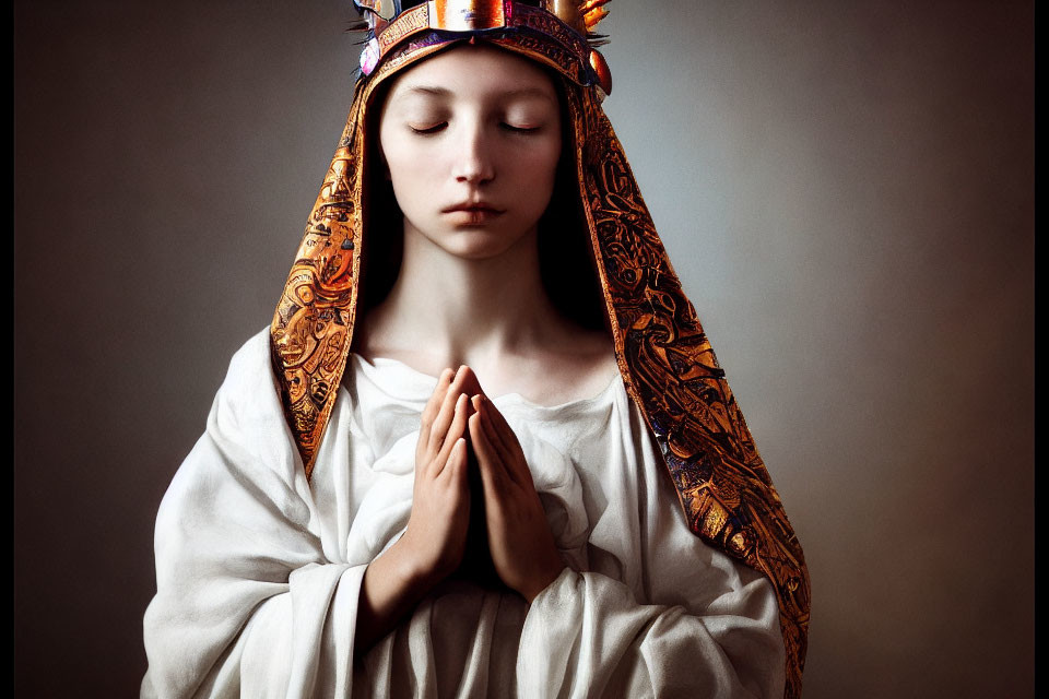 Serene woman in prayer with closed eyes and colorful headdress