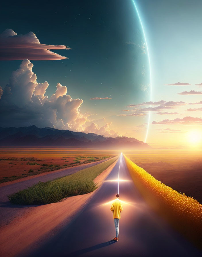 Person in Yellow Shirt on Road Towards Surreal Day-Night Horizon under Massive Planet Arc