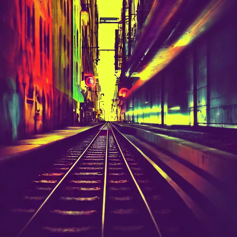 Colorful urban street with railway track and buildings under surreal lighting