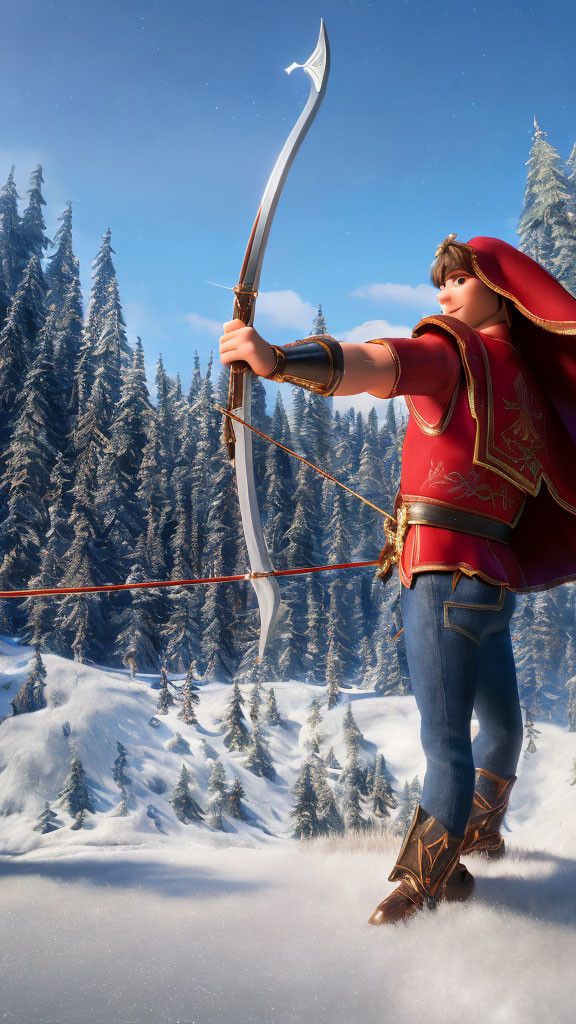 Animated character in snowy forest with bow and arrow in medieval attire