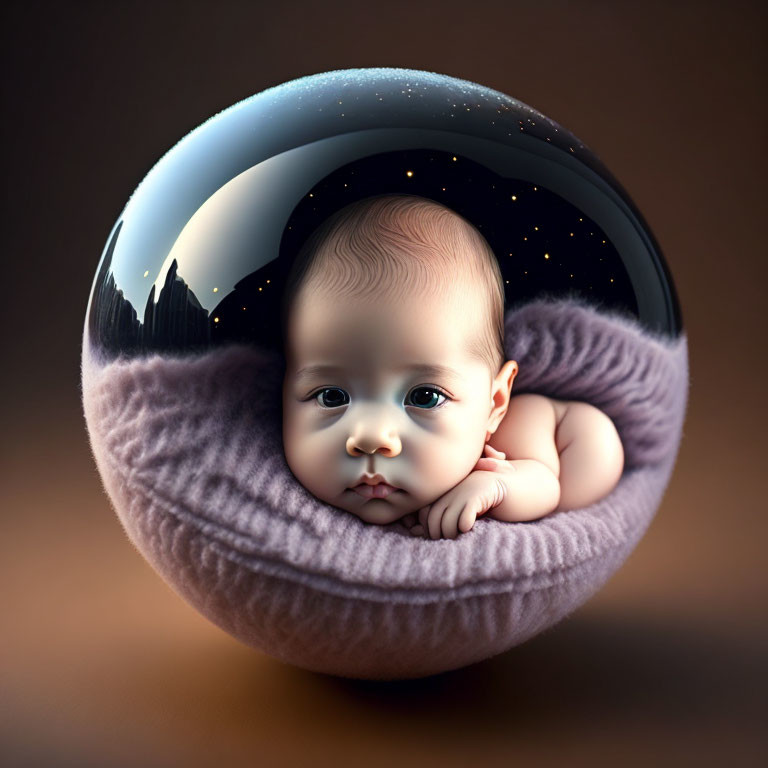 Infant in glass bubble with mountain nightscape reflection