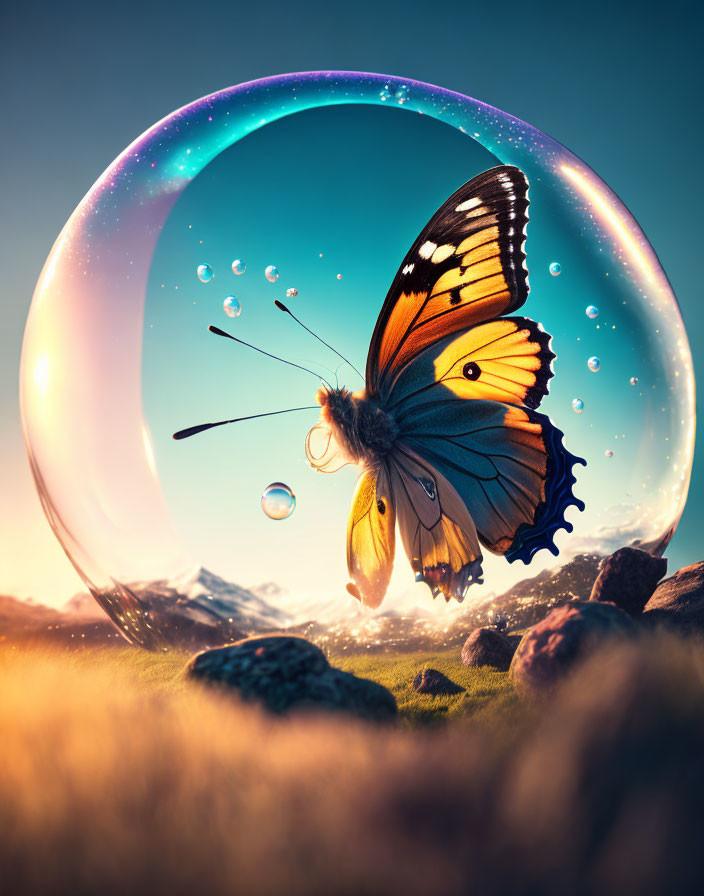 Colorful butterfly near soap bubble over rocky landscape at sunset