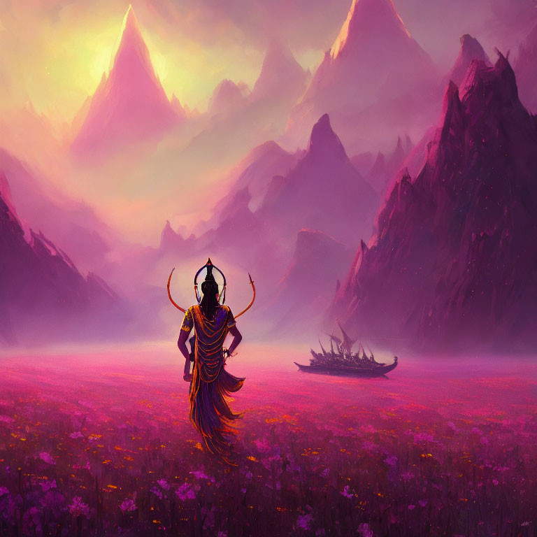 Purple landscape with figure, mountains, ship, and sunset sky