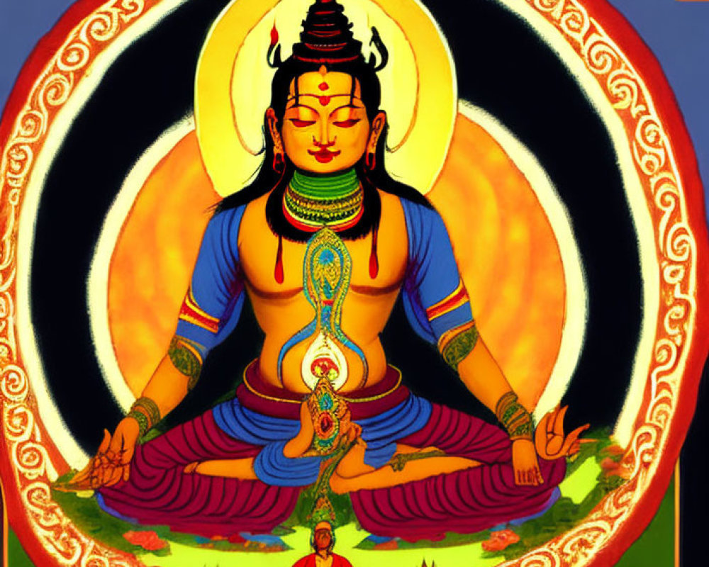 Vibrant illustration of a meditating four-armed deity in traditional attire