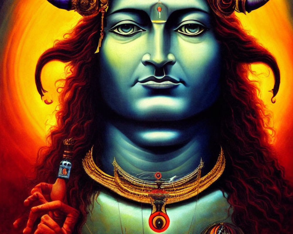 Blue-skinned figure with third eye and jewelry in fiery backdrop