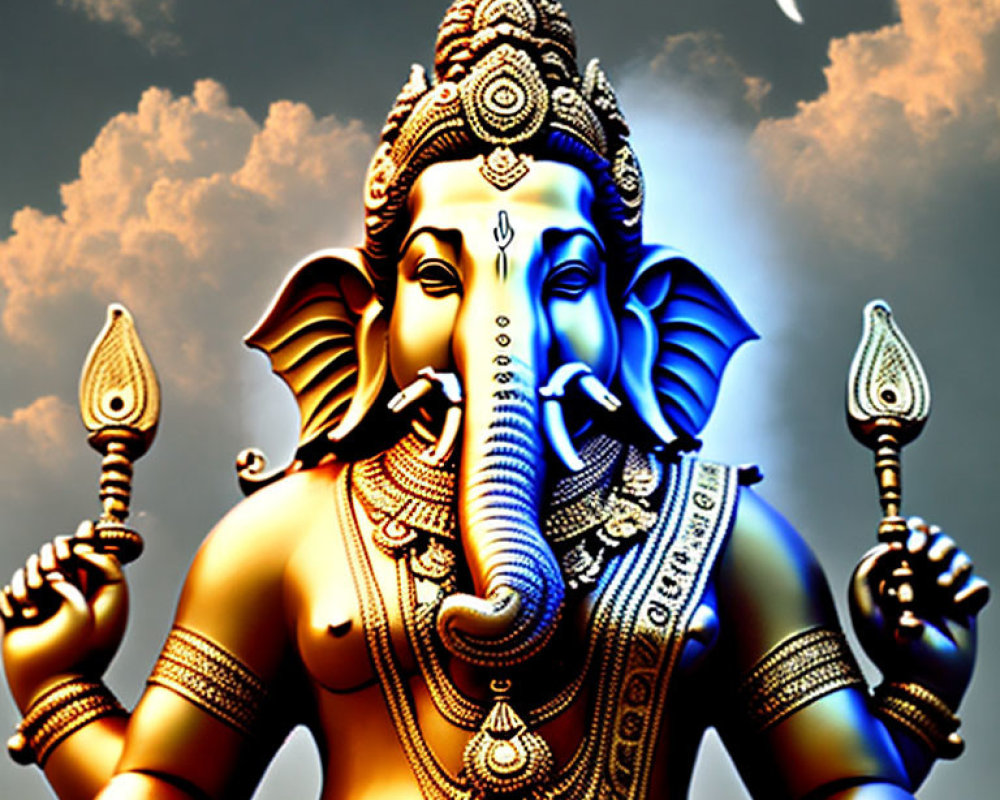 Vibrant Lord Ganesha artwork with four arms and symbolic objects on sky background