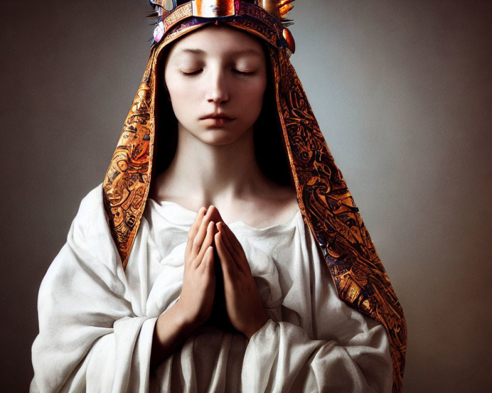 Serene woman in prayer with closed eyes and colorful headdress