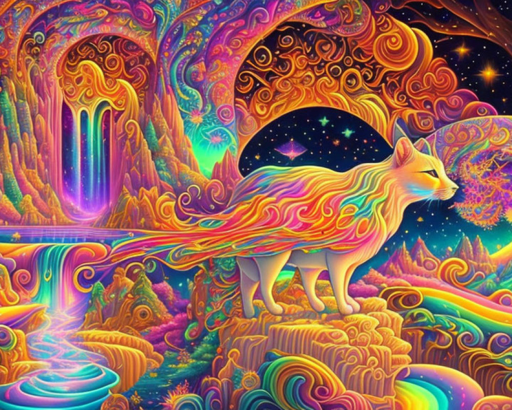 Colorful Psychedelic Artwork: Vibrant Cat in Fantasy Landscape